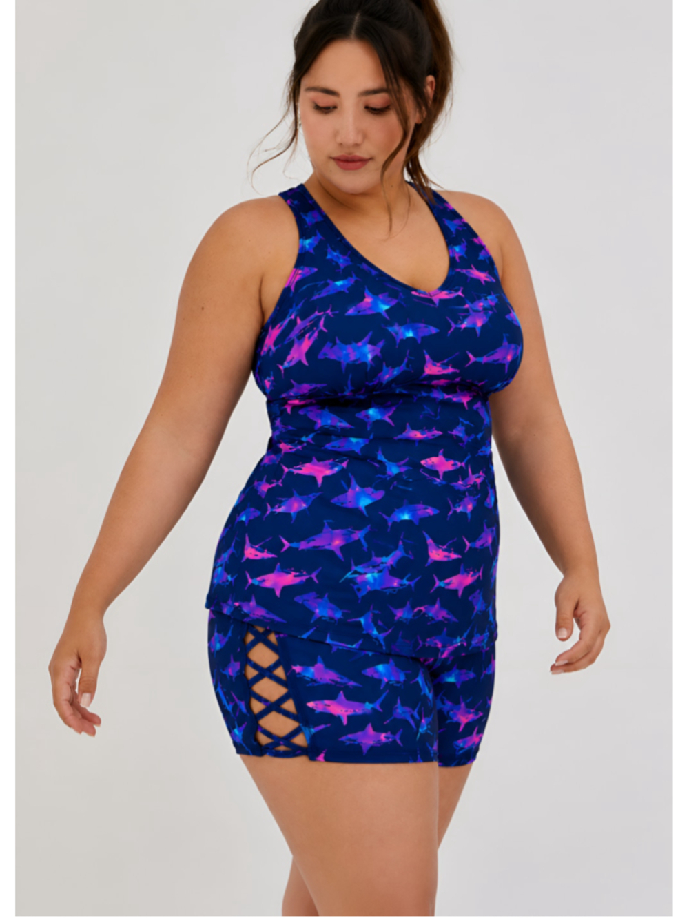 Torrid 2X Navy Shark Print Racerback Tankini Top Wireless UPF 50 Plus Size Swim - Picture 2 of 7